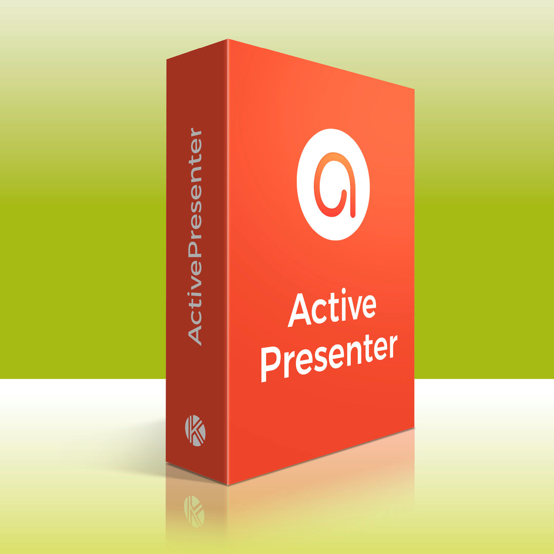 Présentation d'activePresenter standard, dans une boîte logicielle orange, sur un fond vert décoratif.