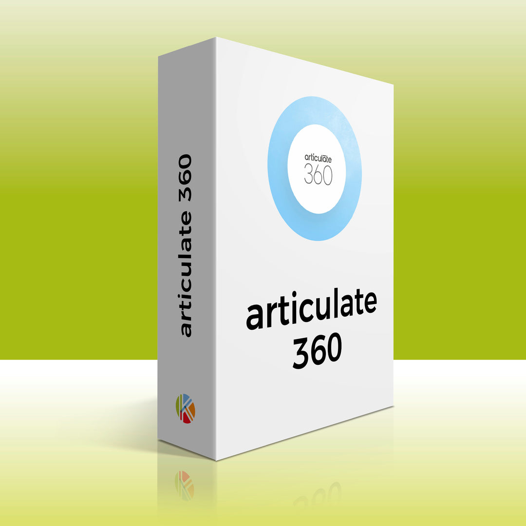 Logiciel Articulate 360 Storyline avec Rise et review, présenté dans un boite blache sur un fond illustratif vert.
