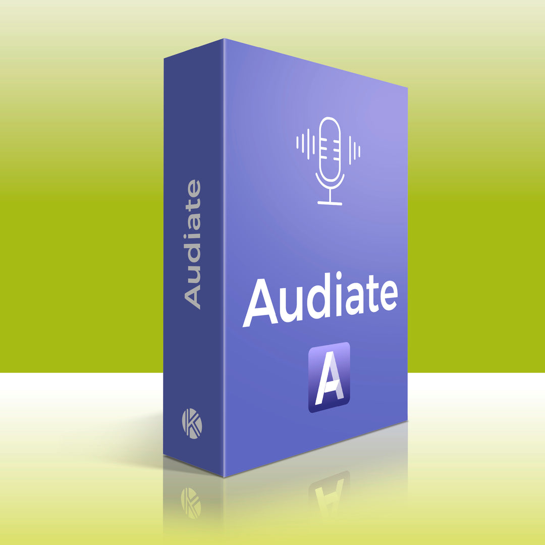 Audiate visualisé en boite logiciel violette sur un fond vert décoratif.