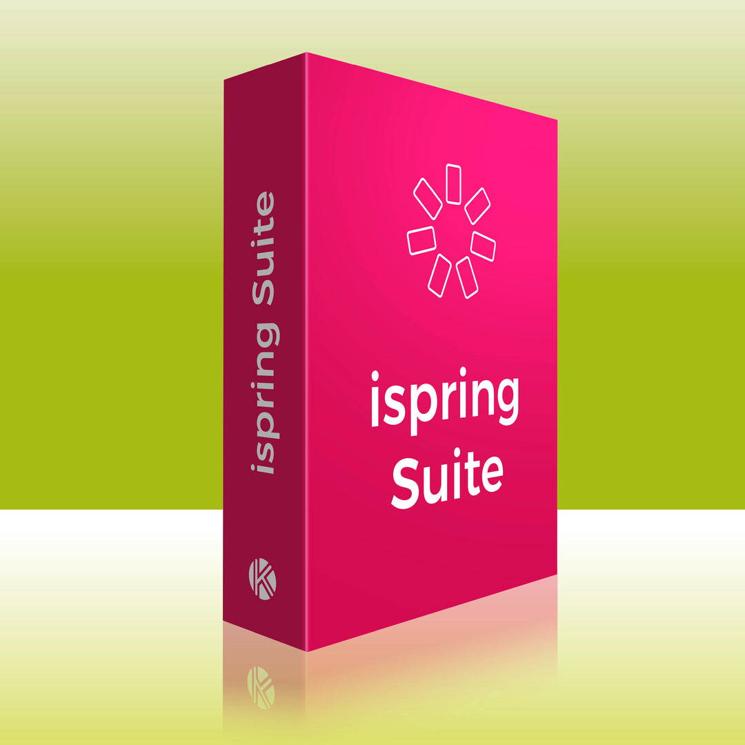 Logiciel iSpring suite présenté dans un boite rouge sur un fond vert illustratif.