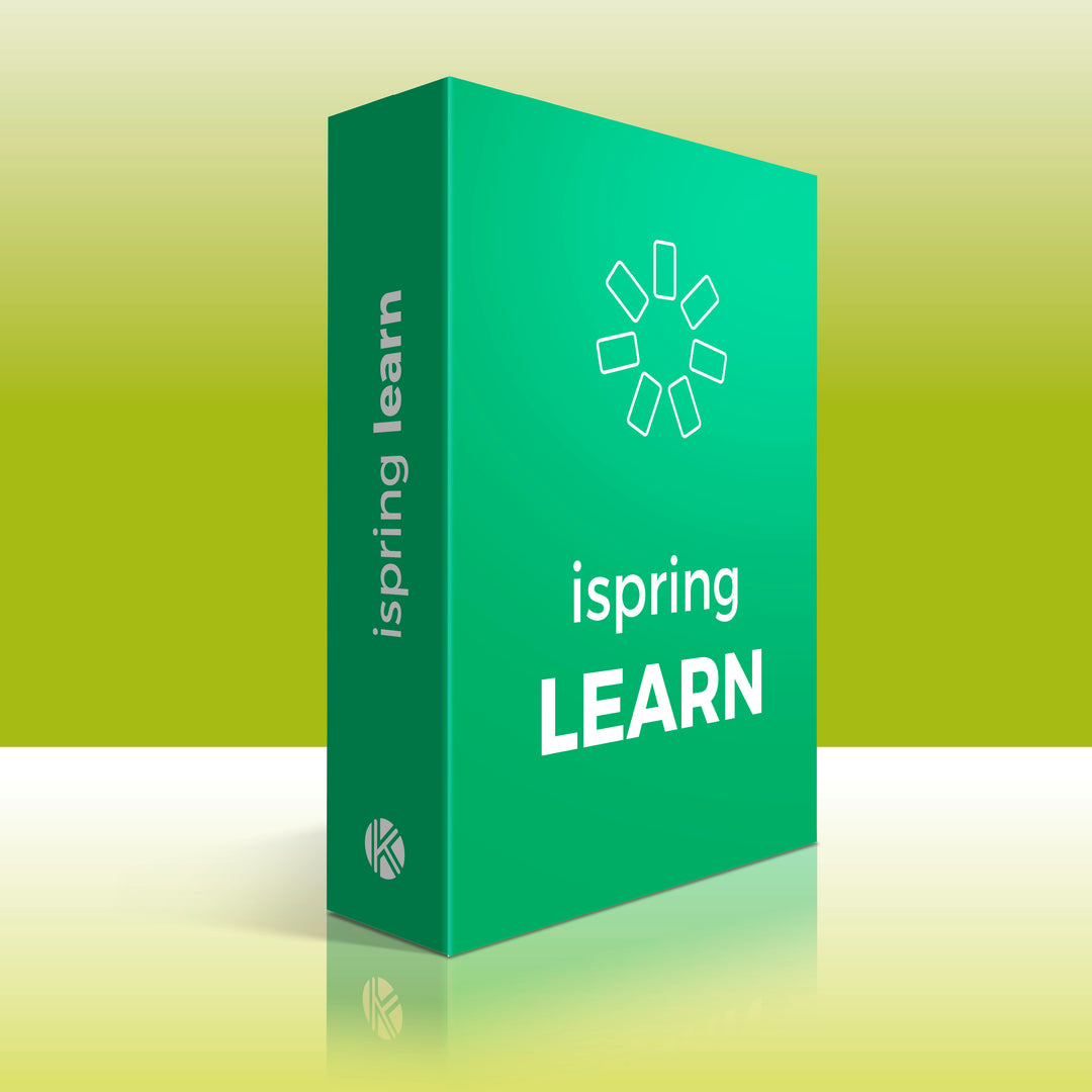 Plateforme LMS ispring learn présentée dans une boite vert sur un fond illustratif.