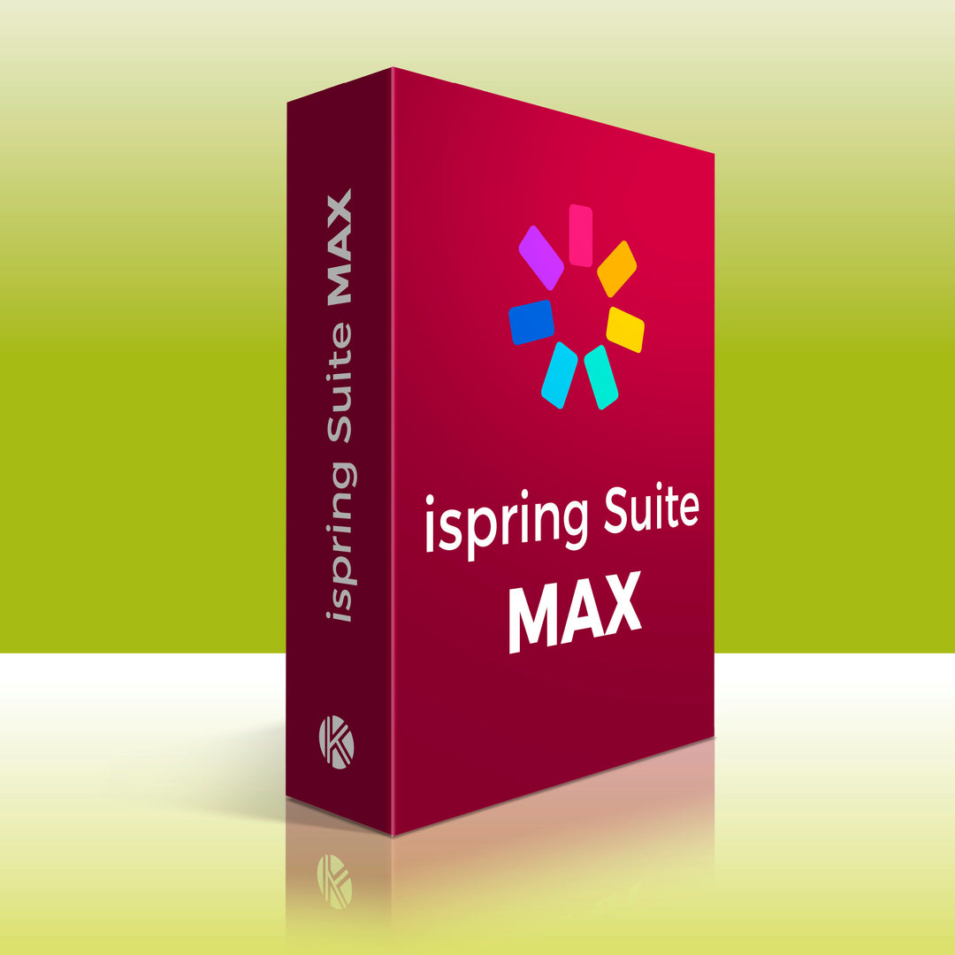 Logiciel ispring suite max présenté dans une boite rouge sur un fond vert illustratif.