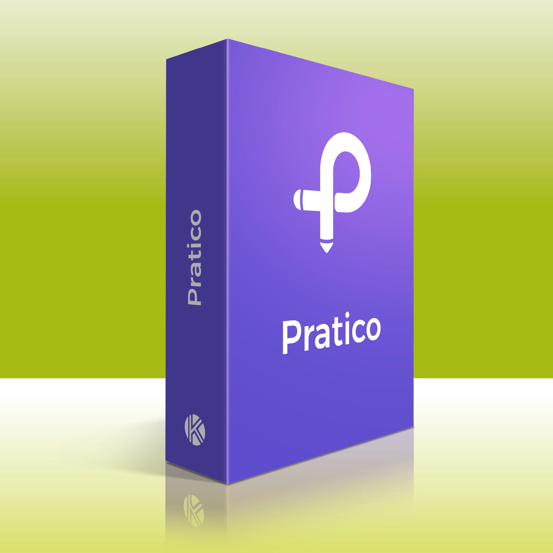 Logiciel ou plateforme pratico live présenté dans une boite violette sur un fond vert illustratif.